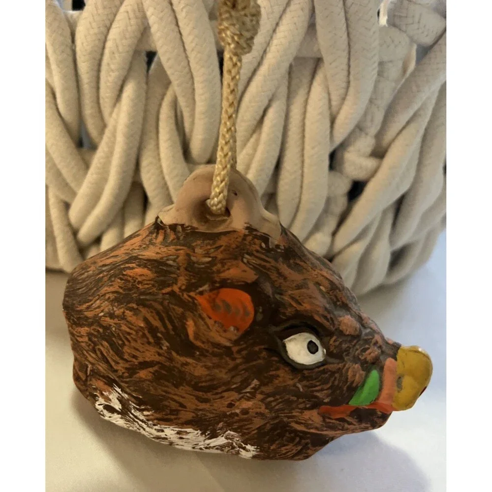 Vintage Folk Art Boar Head Bell Hand Painted Chalkware Rustic Farmhouse Cottage